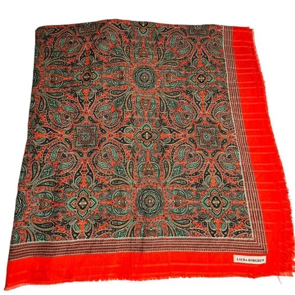 Vintage Laura Borghese, Italy Green and Red Paisley oversized Wrap Scarf Square - Picture 5 of 7